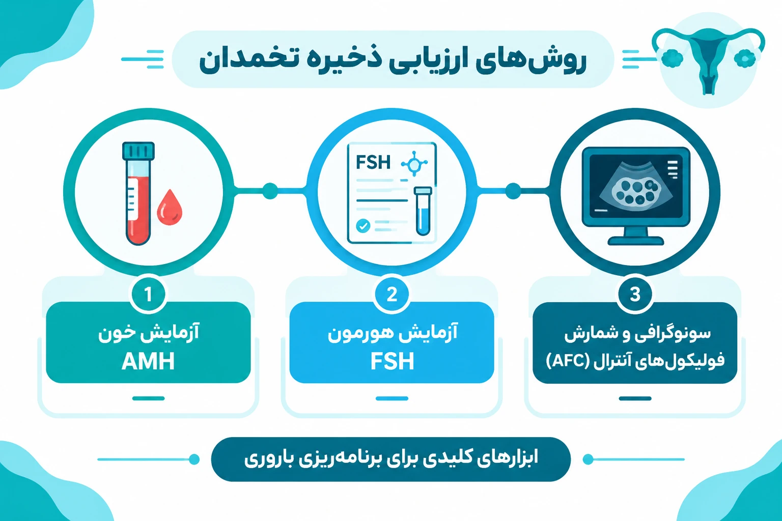 اینفوگرافیک روش های ارزیابی ذخیره تخمدان شامل آزمایش خون AMH، آزمایش هورمون FSH و سونوگرافی AFC